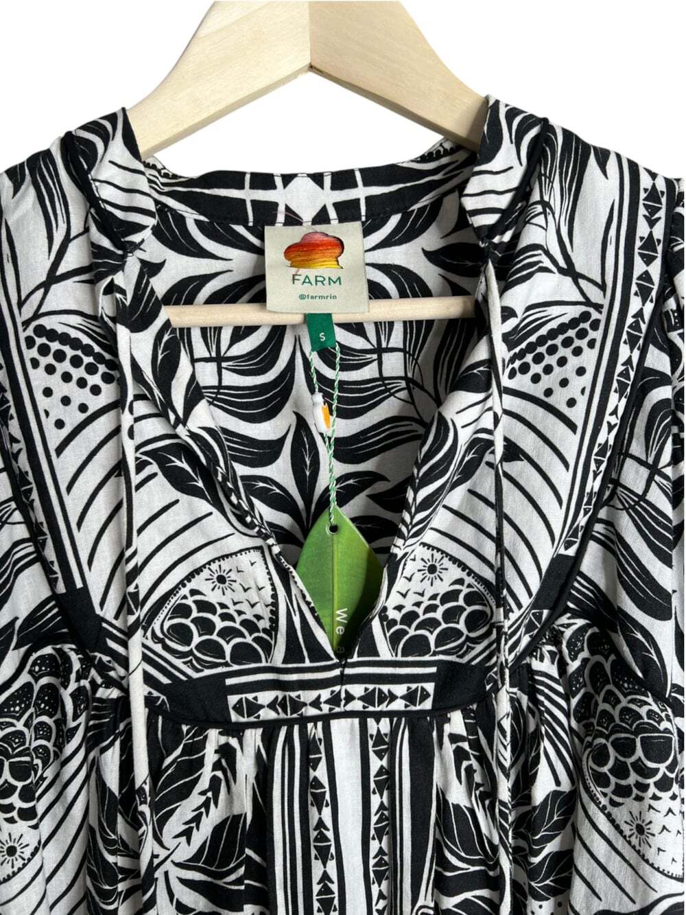 Farm Rio Monochrome Elegance Scarf Print Long Sleeve Linen Blend Dress Sz S NEW - Picture 3 of 11